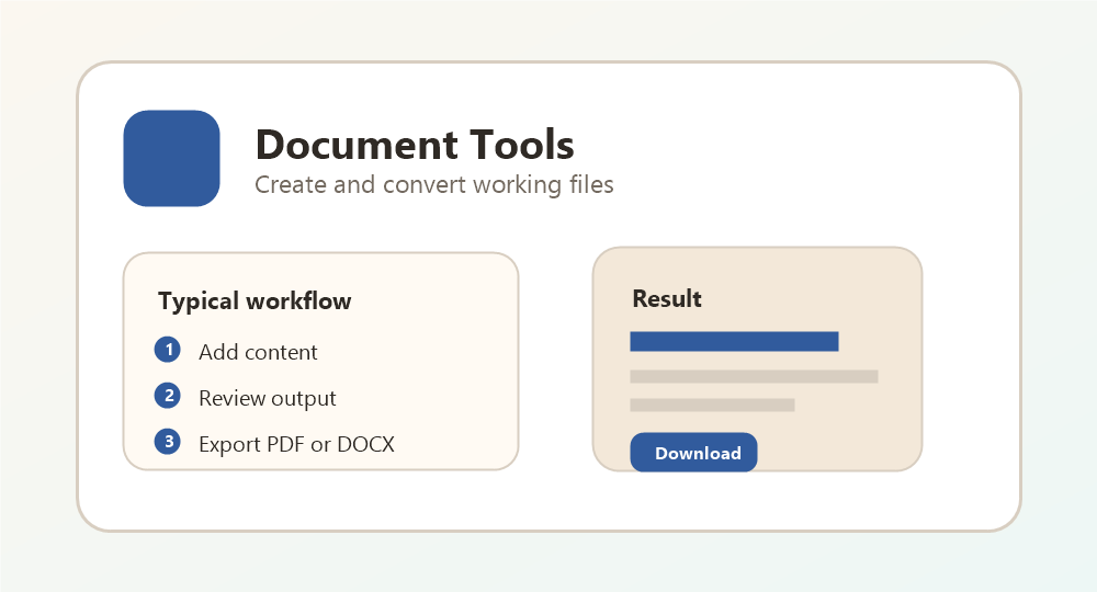Document workflow showing pages, invoice fields, and file export